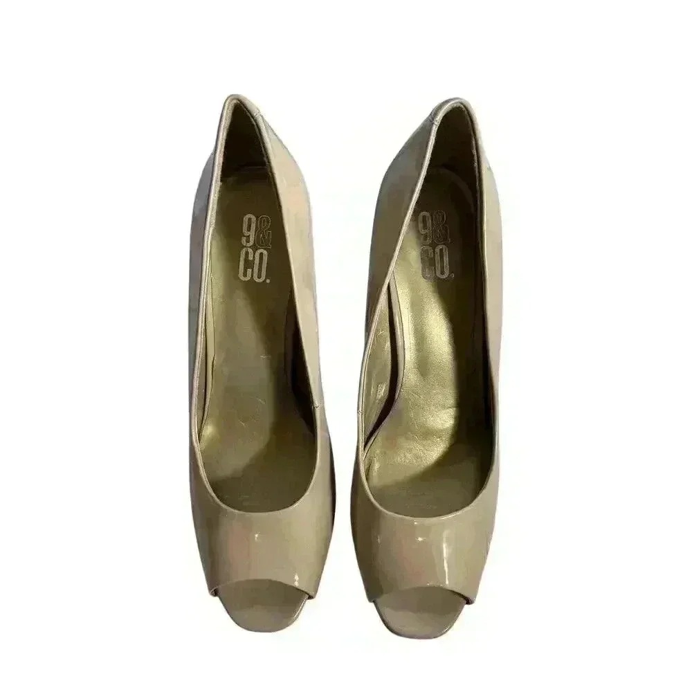 9 & Co. 10M Nude Tan Open Toe Platform Heel Shoes Classy Dressy Business Heels